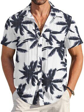 Men's Coconut navy Short Sleeve Textured Summer Collared Casual Button Down Shir